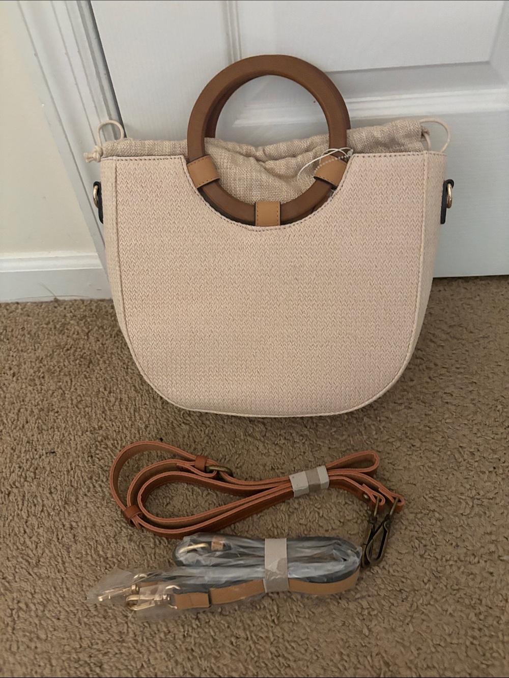Cream Textured Tote Bag with Brown Wood Handles